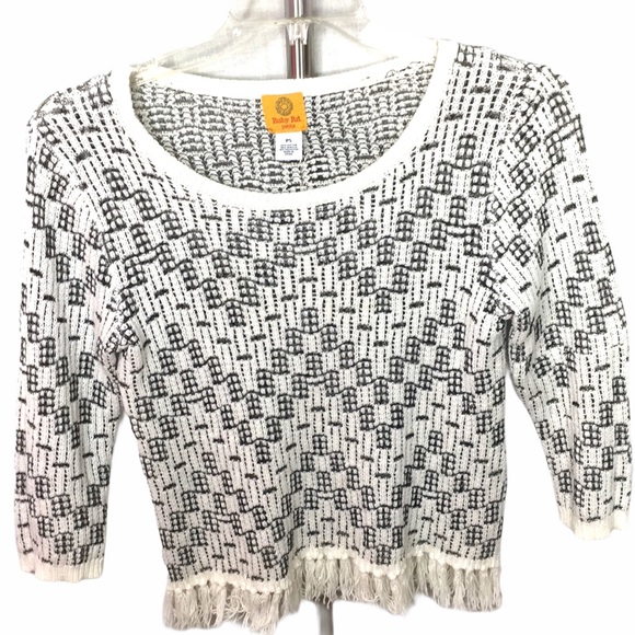 Ruby Rd White & Black Scoopneck Fringe Sweater - Picture 1 of 7